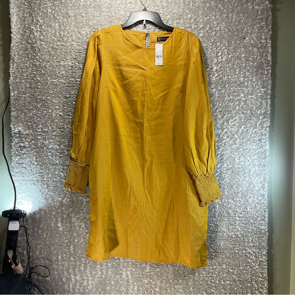 NY&C New York & Company Women Sheath Dress M Yellow Mustard Balloon Sleeve NWT